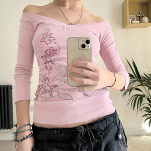 Camiseta de Manga Larga con Estampado Floral Vintage Y2K para Mujer, Simple, Básica, con Flores Rosadas, Cuello en V, Corte Ajustado, Ecológica y Cómoda - Product Image 6