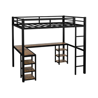 Lit mezzanine en métal avec bureau et étagères, design en forme de L pour gagner de la place, cadre avec plateau en bois, lit double avec échelle