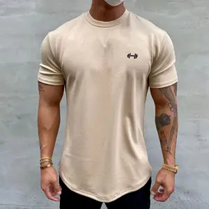 Yüksek elastik pamuk eğitim gevşek fit kas erkek spor spor tişört spor T-shirt ekran baskı rahat fit t shirt