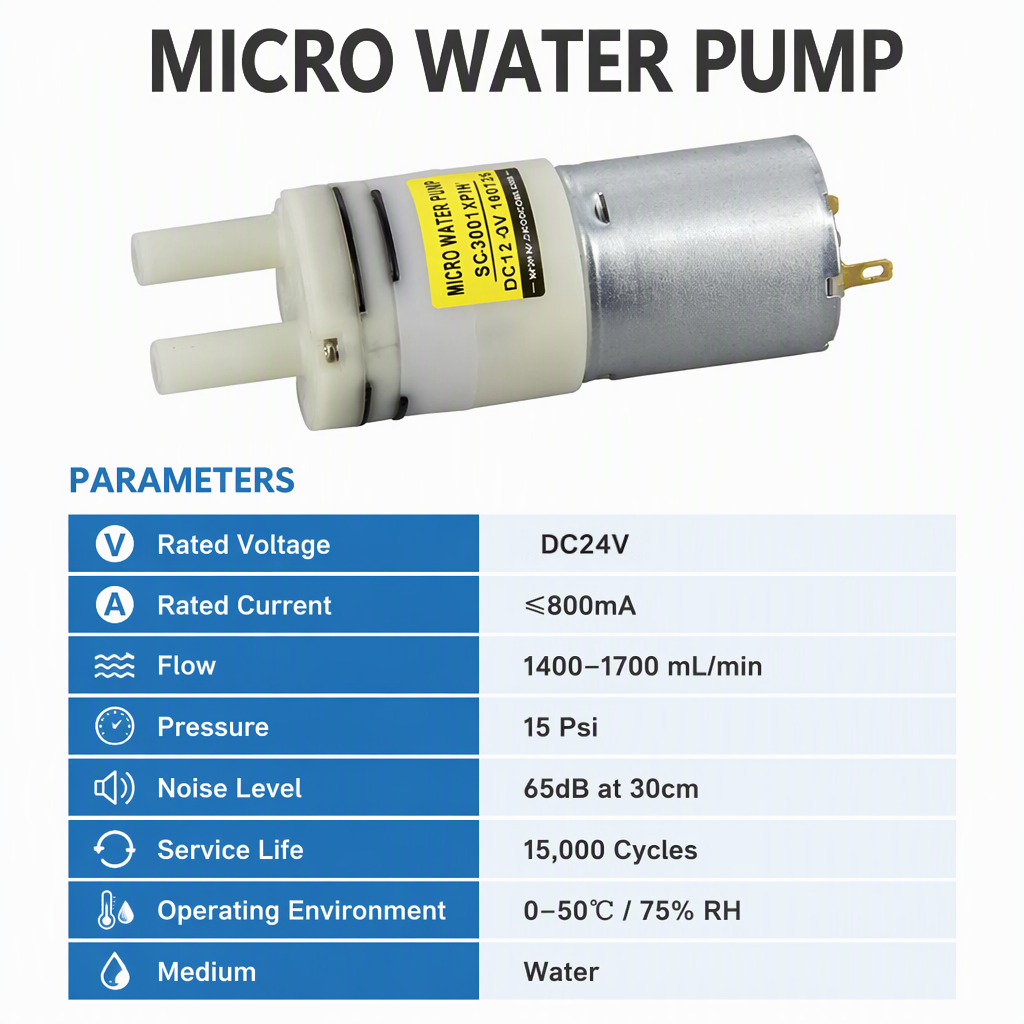 SC3001XPW DC 24V Electric Diaphragm Water Pump 1400-1700mL/min 15 Psi 65dB 15000 Cycle Tea Making Machine OEM · image 3