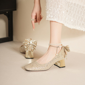 Sandales élégantes à talons, bout pointu, talon carré, bride cheville, nœud décoratif, talon moyen, confortables, pour femmes - Product Image 3