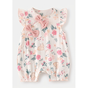 Lindo pelele de algodón con estampado floral para bebé niña, con lazo y mangas de pétalos, ideal para primavera. - Product Image 1