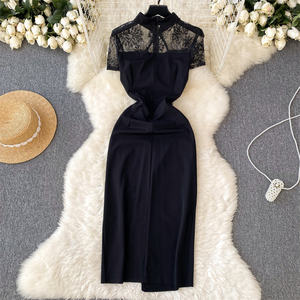 Customized Lace Panel Black <strong>Dress</strong> <strong>Women's</strong> Waist Split Wrap <strong>Funeral</strong> Black Lady <strong>Dress</strong> - Product Image 3