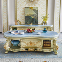 Table de rangement classique de luxe en bois massif, ensemble de table basse de salon en marbre sculpté de style européen en bois massif