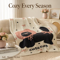 Couverture Polaire Douce et Légère pour Canapé, Lit, Voyage, Camping – Motif Chat Mignon, Nœud Rose Crème et Pois – Toutes Saisons – Vente en Gros