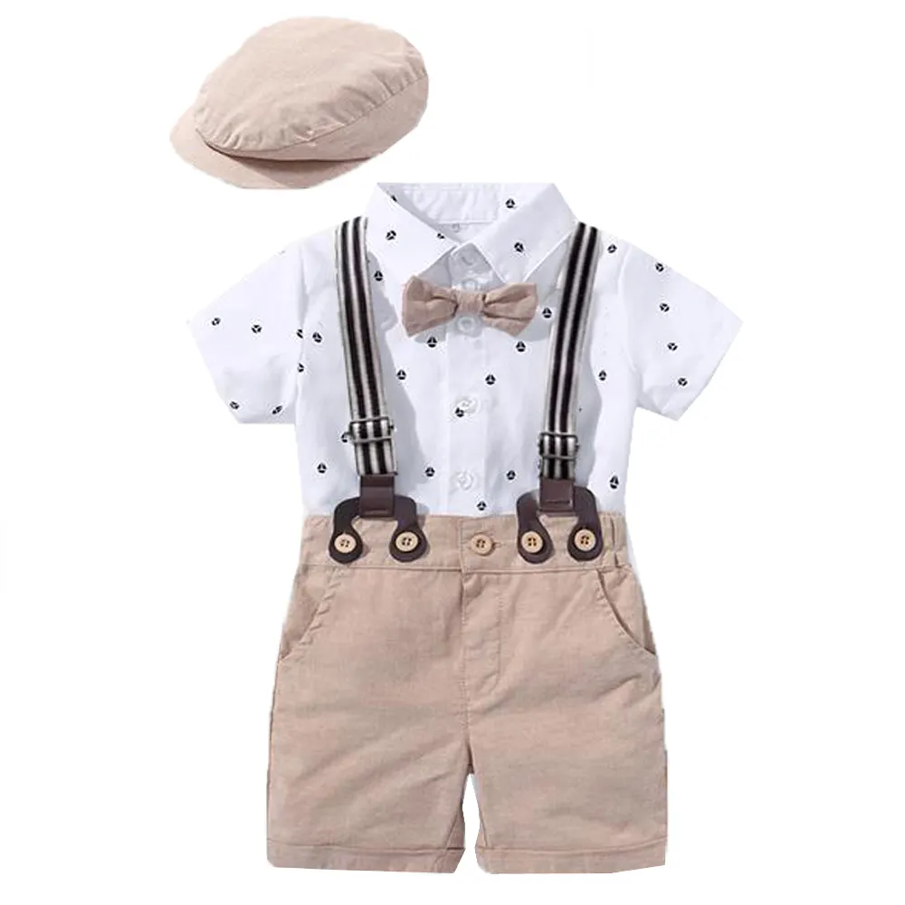 Cincin Bearer baju bayi laki-laki dengan topi 3 6 9 12 18 24 bulan baju Formal anak-anak balita musim panas set pakaian pernikahan