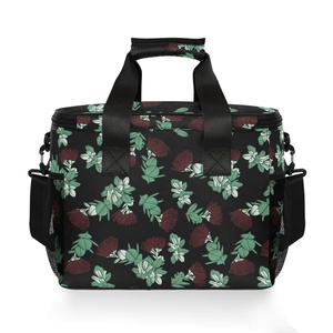 Portable Foldable Ohia Lehua Flower Waterproof Picnic Tote Cooler Bag Hawaiian Insulated Zipper Lunch Bag with Mesh Pockets - Product Image 2