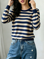 Pull tricoté rayé pour femme 2026, col rond, manches longues, poignets et ourlet côtelés, coupe ample, doux, confortable, style vintage décontracté