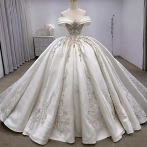 Lsjj164 Elegant Ivory Off Shoulder Rhinestone Beaded <b>Corset</b> Satin Lace Applique Ball Gown Wedding Dress Train Jancember - Product Image 1