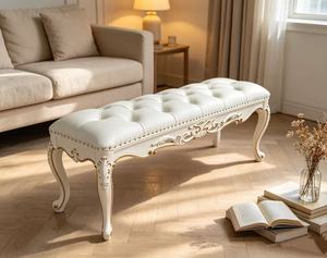 Luxury White Tufted Wood <b>Bed</b> Bench French Rococo Carved <b>End</b> of <b>Bed</b> Bench with Gold Trim Multi-Purpose Bedroom Furniture - Product Image 1