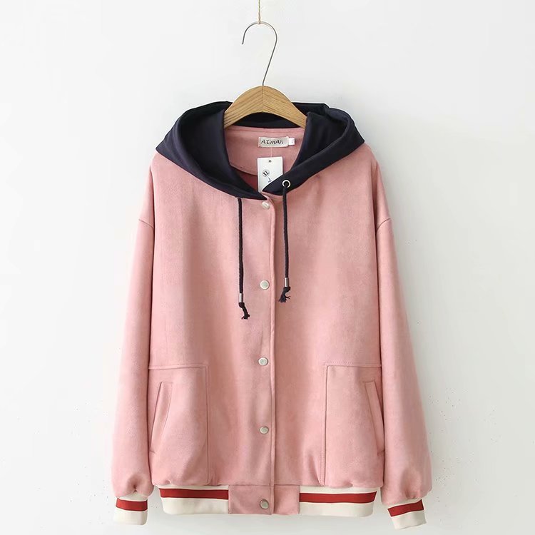 2021New Style Wholesale fashion women spring and autumn color matching new Korean style slim suede hooded jackets coat