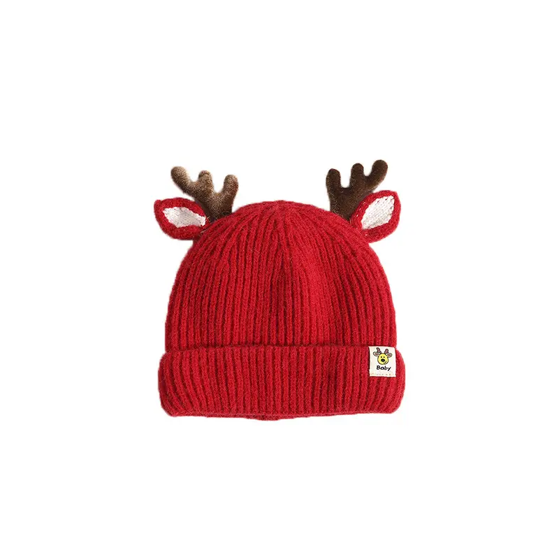 Cute deer design knitting hats baby thread crochet cap with ears boy girls Christmas red beanie kids knitted hat for Winter