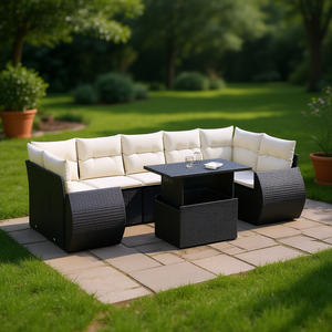 <b>Black</b> And Cream Garden <b>Sofa</b> Set With <b>Table</b> 6 Seater Rattan Outdoor Furniture Contemporary Design - Product Image 2