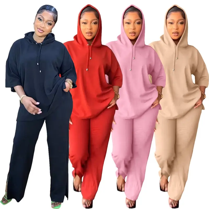 Frühling Sommer Sport Casual Wear Trainings anzüge für Frauen Zweiteilige Loose Fit Ärmel Hoodie und Wide Leg Pants Set Outfits