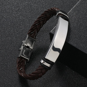 Customized Engrave Logo <b>Leather</b> Bangle Wristband Men's Stainless Steel Pu <b>Leather</b> Braided <b>Bracelets</b> - Product Image 5