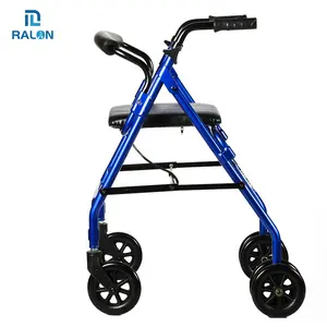 זרוע שיקום ציוד Suppliers-Ralon אלומיניום מסגרת כיסא גלגלים ארבעה גלגל Rollator חסכוני מתקפל זרוע הליכון rollator עם מרופד מושב