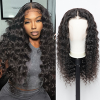 Perruque brésilienne Remy à ondulations profondes, pré-épilée à 180 %, longue, avec dentelle frontale transparente, sans colle, noire, vente en gros