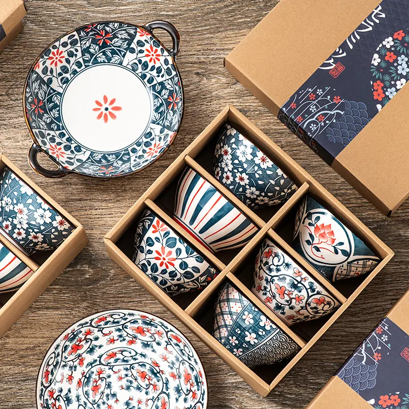 Japanese Ceramic Bowl Gift Set Flower Porcelain 350ml Salad Bowl 8inch Dinner Plates Set with Spoon For Wedding Housewarming