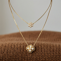 Collier superposé tendance en or massif 18k 14k 10k 9k pour mariage et soirée, avec pendentif fleur délicat et trèfle serti de diamants, double chaîne maille tennis