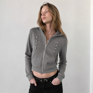 Sweat à capuche zippé pour femme, couleur unie, tissé, avec détails boutons métalliques, manches longues, style streetwear décontracté, haut d'automne - Product Image 1