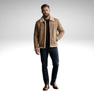 <b>Men</b>’s Sandstone Brown Color Leather <b>Shearling</b> <b>Jacket</b> Leather Winter Outerwear - Product Image 5