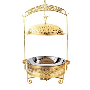 Ré<span class=keywords><strong>chaud</strong></span> à alcool rond de luxe en acier inoxydable doré avec dentelle, couvercle articulé, chauffe-plats pour buffet d'hôtel et de restaurant - Product Image 5