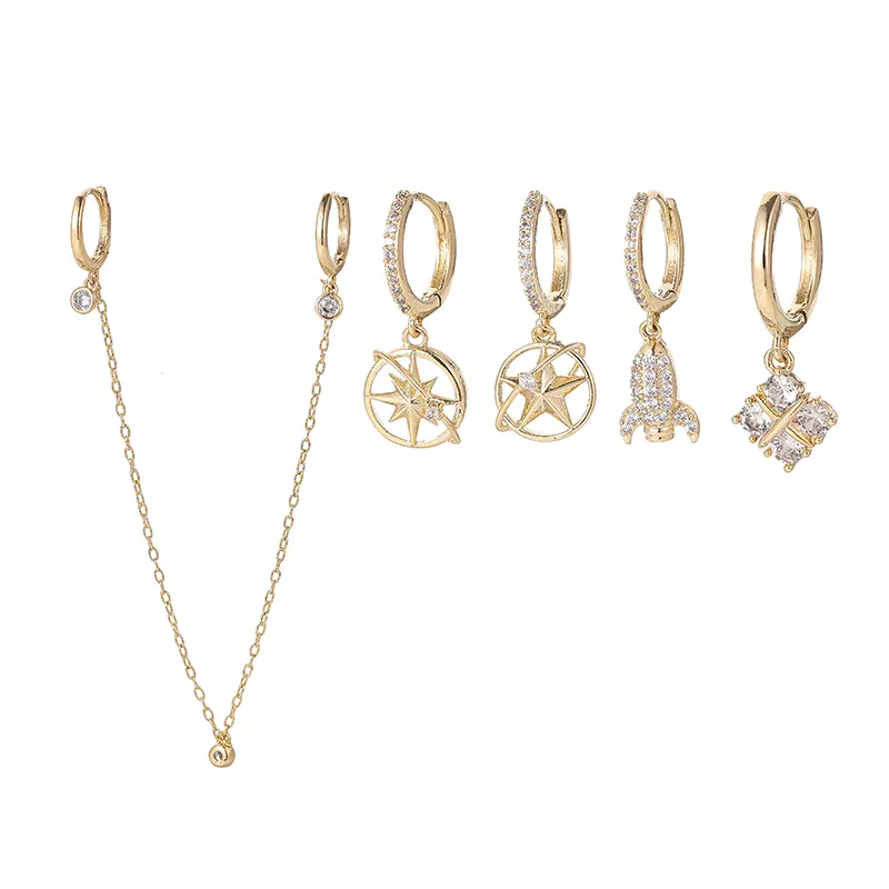 ANENJERY 18K Gold Plated Geometric Star Plane Universe Chain Tassel Hoop Earrings Set For Women Zircon Party Jewelry