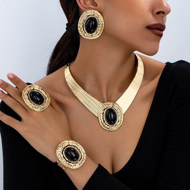 Kaimei 2026 New Arrival Trend New Black Gemstone Collar Earrings Bracelet Set Bohemian Jewelry Gold Plated Black Resin Necklaces