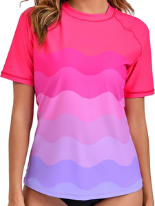 Women's Gradient Wave Rash Guard Short Sleeve Quick Dry Swim Shirt UV Protection Sports Tee Pink Purple <b>Ombre</b> Design - Product Image 1