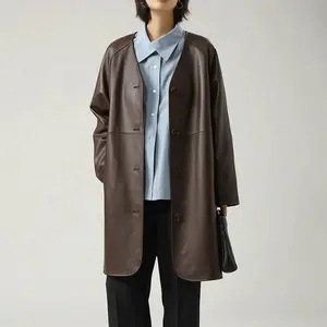 Women V Neck Long Trench Coat Genuine Leather Jacket Fashion Spring Jacket
