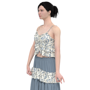 Vintage Breathable <strong>Blue</strong> Floral Ruched Crop <strong>Cami</strong> for Women Sleeveless Spaghetti Strap Summer Tank <strong>Top</strong> - Product Image 3