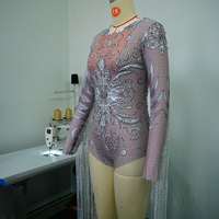 Combinaison en strass effet miroir argenté, maille nude imprimée, manches longues à franges, costume de scène pour danse Gogo