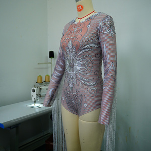 Body de malla plateada con pedrería, estampado, de manga larga y flecos, para disfraz de baile de escenario Drag Gogo - Product Image 3