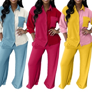 Women's Colorblocking Pocket Casual Shirt Blouse <b>Pants</b> 2 Piece Set Fashion - Product Image 1