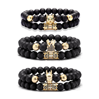 ZF Lot de 2 bracelets classiques extensibles en pierre naturelle noire pour homme, style punk, avec breloques zircon CZ, boule, crâne et lion, ensemble de bijoux