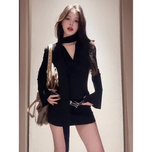 Halter Neck Long Sleeve Dress Black With Belt Sheath Silhouette Women's Autumn 2024 Sexy Slim Fit Waist Cinching Short Skirt - Product Image 2