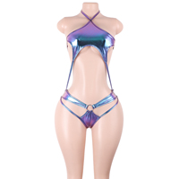 Tenues de danse exotiques pour strip-teaseuses, combinaisons métalliques à lacets, body à anneaux, string orné de strass, lingerie sexy, vêtements de club, une pièce