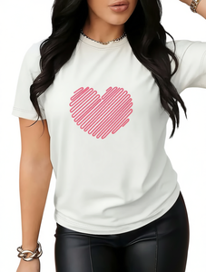 T-shirt Casual da Donna per San Valentino con Stampa Cuore a Righe, Manica Corta, Girocollo, in Cotone Traspirante, Top Primaverile Estivo - Product Image 1