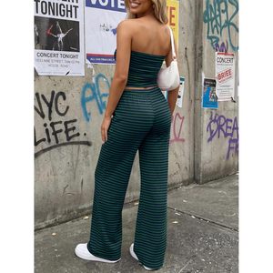 Conjunto de 2 piezas para mujer, top tipo tubo a rayas, pantalones, conjunto a juego de punto transpirable para verano, playa, vacaciones, ropa de viaje - Product Image 4