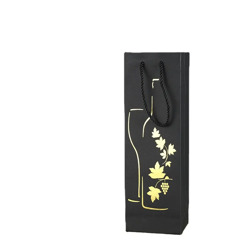 Luxury Custom 1 or 2 Bottle Port Wine Juice Boxes Bio-degradable Elegant Black Cardboard Wine Bags With Handle