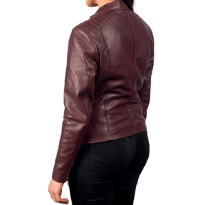 Wine <b>Red</b> Genuine <b>Leather</b> Winter <b>Jacket</b> for <b>Women</b> Slim Fit Biker Outerwear Stand Collar Zipper Front Custom Logo Regular Length - Product Image 1