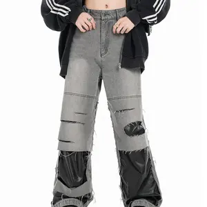 Vente chaude en gros noir gris mode décontracté lavé rue style unisexe déchiré denim patchwork cuir jeans à jambes larges
