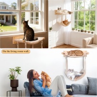 Hamac mural rectangulaire pour chat 48x32x38cm, lit en bois massif à 2 niveaux avec coussin amovible pour chats d'intérieur