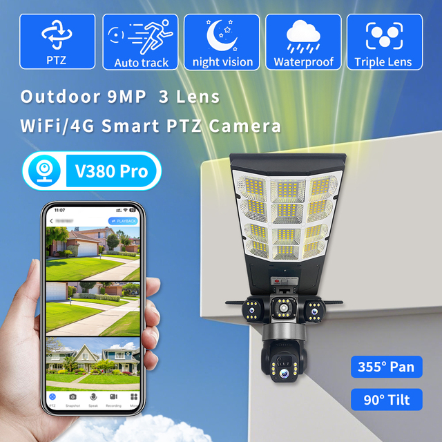 V380 4G Solar Security Camera Three Lens Outdoor IP66 Waterproof Night Vision CMOS Sensor Pan-Tilt Camera