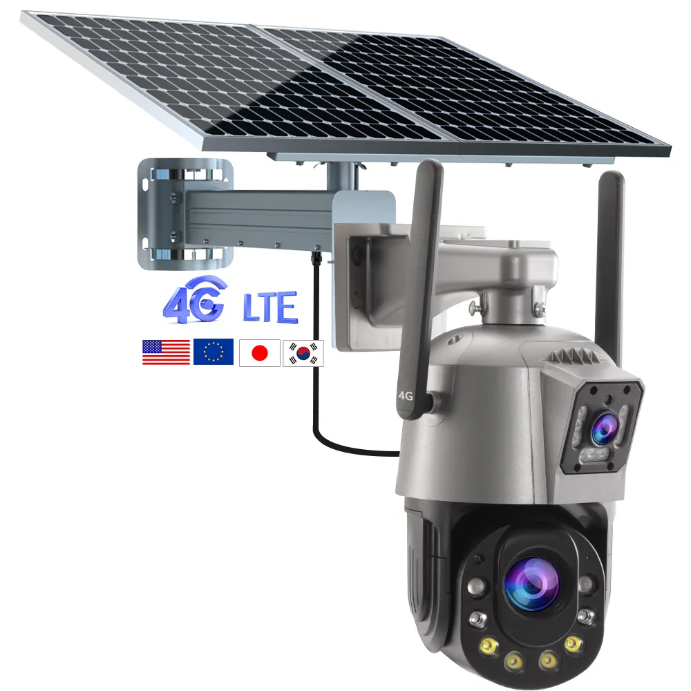 TecDeft PTZ Câmera solar panorâmica IP Wi-Fi de 360 graus movida a energia solar 8MP para uso ao ar livre lente dupla 4G cartão SIM Câmera de Cctv solar de rede