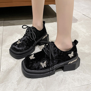 British Style Thick Rhinestone Toe Thick Heel for Women Spring Preppy Medium Heel Flats Small Leather Shoes - Product Image 1