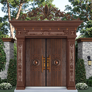 Qifan Traditional <b>Wooden</b> Grain <b>Swing</b> Entry Door with Ornate Carving and Brass Hardware - Product Image 6