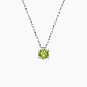 Prong White Gold Plated Birthday Solitaire Peridot Cubic Zircon 925 Sterling Silver Pendant Necklace