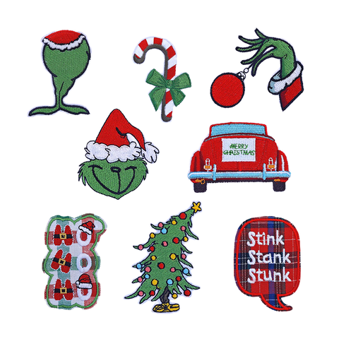 Handmade Embroidery Christmas Grinch Patches Cute Iron-on Twill Fabric Patches for Hat Decor Polyester Material