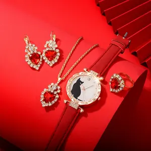 6131 Cute Cat Quartz Watch Lady Analog Women Leather Watches & 4pcs Necklace Earring Jewelry Set Cheap Price